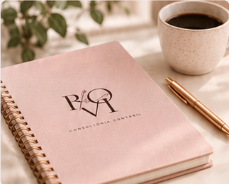 Caderno com o logo da Roví, caneta e xícara de café